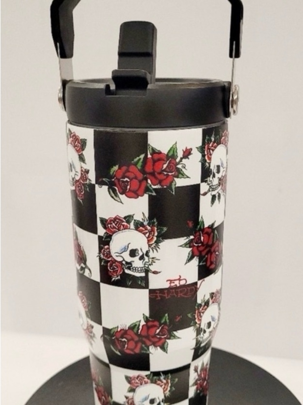Ed Hardy- NEW! Black, White & Red Skull Rose Travel Tumbler